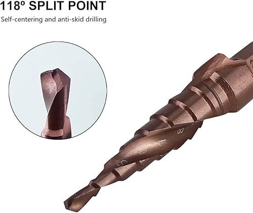 Miniatura 2 de Hymnorq Broca de acero cobalto de 9 pasos, grado M35 5% HSS Co, tamaño métrico de 0.118 in a 0.472 in, flautas espirales dobles y vástago hexagonal