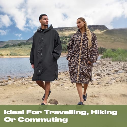 Ohs Changing Rain Coat For Adults, Lightweight Breathable Waterproof Jacket For Swimming Surfing Packable Windbreaker Drying Robe With Pockets Active Outdoor Travel Jacket - Black - 2