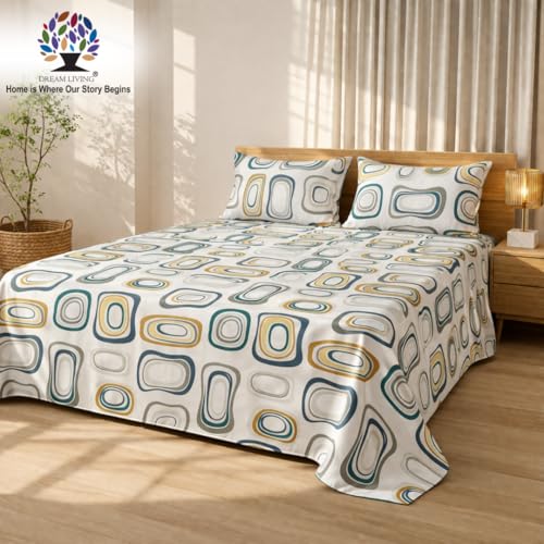 Image of Dream Living Printed Geometric Double Bedsheet with 2 Pillow Covers |120 GSM | 220x240 Cm | White