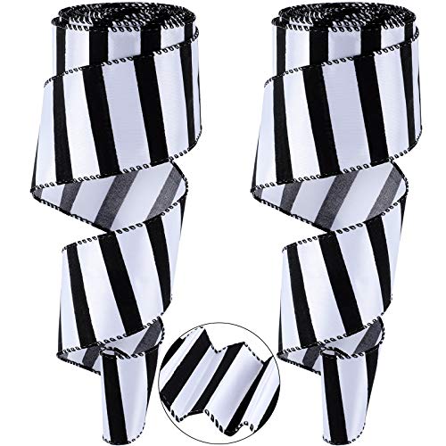 2 Rolls 2 Inch Black and White Wired Wide Stripe Ribbon Railroad Stripe Wide Wired Edge Ribbon Wide Stripe Canvas Wired Edge Ribbon, 20 Yards in Total