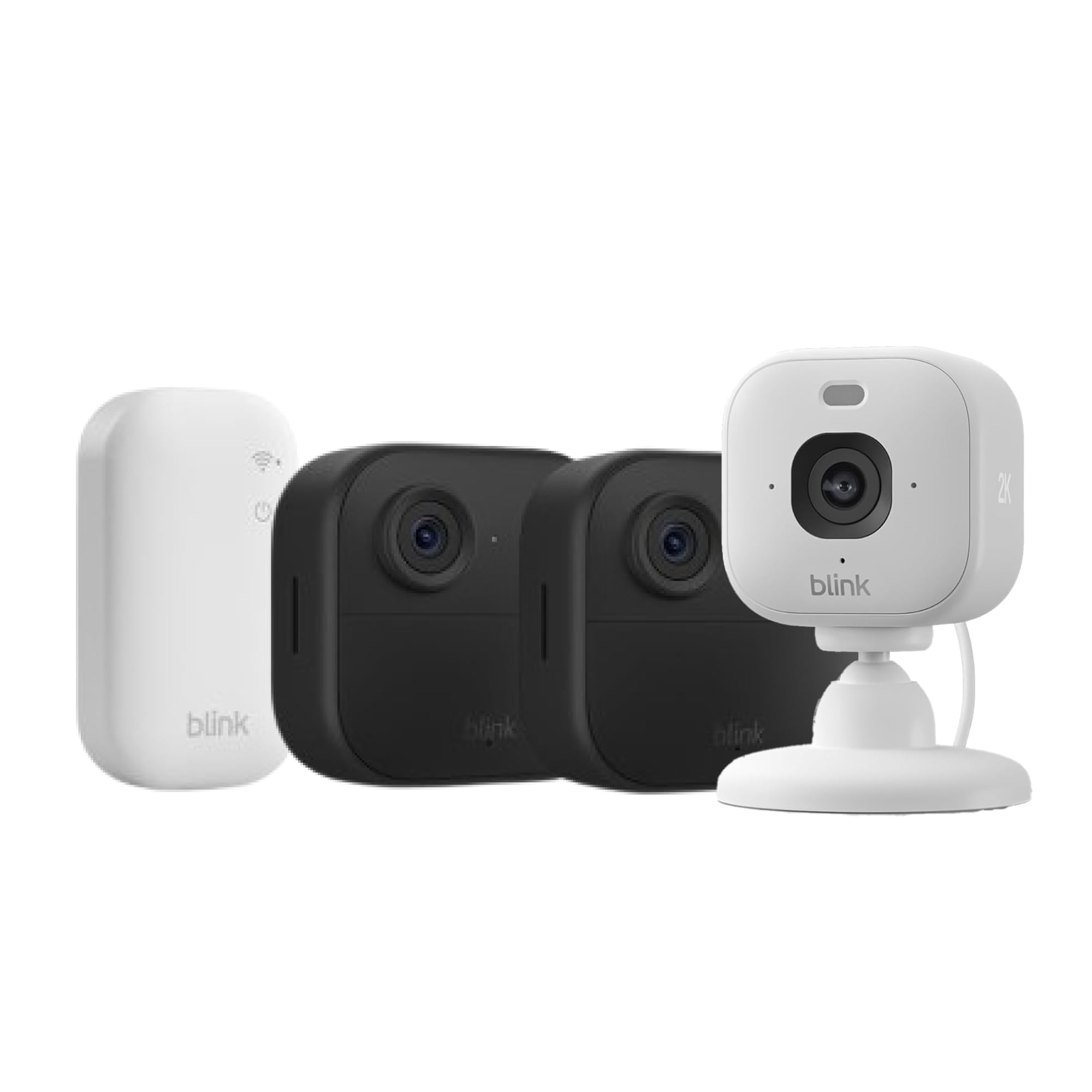Blink-Kamera Outdoor 4 + Blink Mini 2K+ Weiß (neueste Generation)| Kabellose intelligente HD-Sicherheitskamera, zwei Jahre Batterielaufzeit | 2-Kamera-System mit enthaltenem Sync Module Core | IP65
