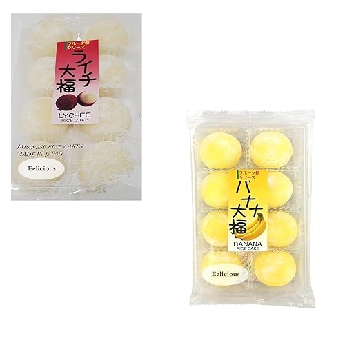 Eelicious Pastel de arroz japonés Mochi Fruits Daifuku, sabor plátano y lichi, 7 onzas, 0.04 onzas (paquete de 1)