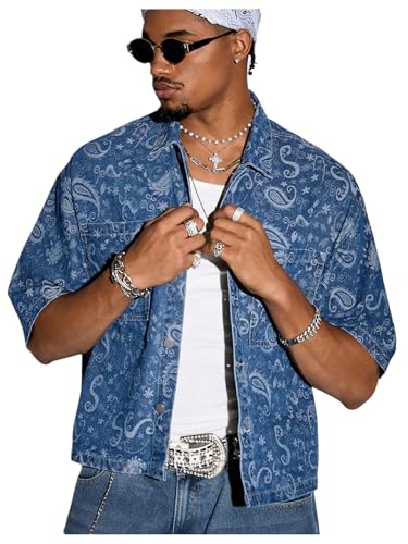 Men's Paisley Denim Jackets Button Down Short Sleeve Chest Pocket Baggy Jean Shirts