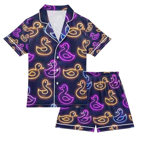 senya Neon Ducks Satin Summer Pajama Sets Silk Short Sleeve Button Down Sleepwear
