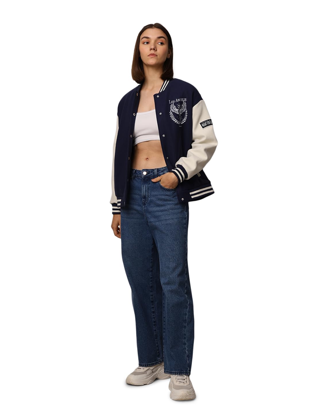 ONLY Women Colourblocked Stand Collar Patchwork Varsity Jacket in neutral