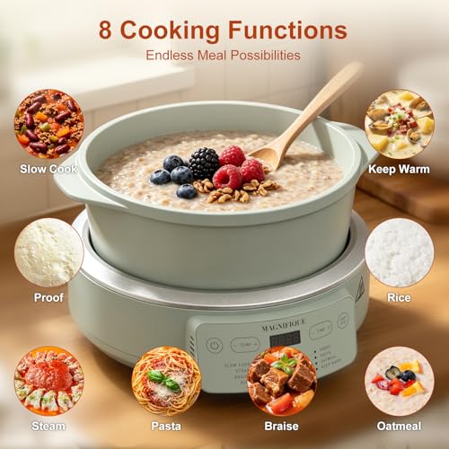 Image of MAGNIFIQUE Slow Cooker, 4.5 Quart 8-in-1 Clay Pot Multi-Cooker, Non-Toxic Slow Cooker with Removable Clay Pot, for Rice, Pasta, Steam & Proof, Nonstick, Oven Safe Pot to 500F, Olive