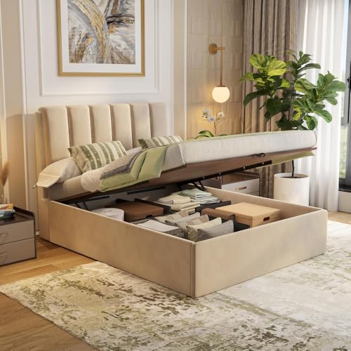 Image of Wakefit Bed | Queen (78 X 60) Solid Wood Bed, Upholstered, Hydraulic, 3 Year Warranty - Antho - Velvet Tuscan Tan