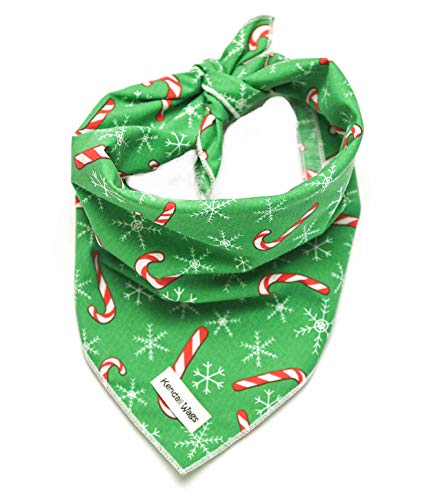 Kendall Wags Dog Bandana - Christmas Candy Cane, Large Size, 100% Cotton, Green, 18 Inch Neck, Tie Closure