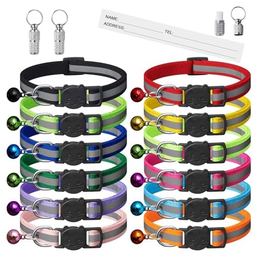 Extodry 12 Stück Reflektierende Katzenhalsband mit Namen Adresse und Halsband Katze mit Sicherheitsverschluss,Verstellbar Kitten Halsband,Personalisiert Haustierzubehör(12 Farben & 2 ID Tag)