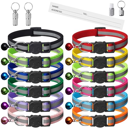 Extodry 12 Stück Reflektierende Katzenhalsband mit Namen Adresse und Halsband Katze mit Sicherheitsverschluss,Verstellbar Kitten...