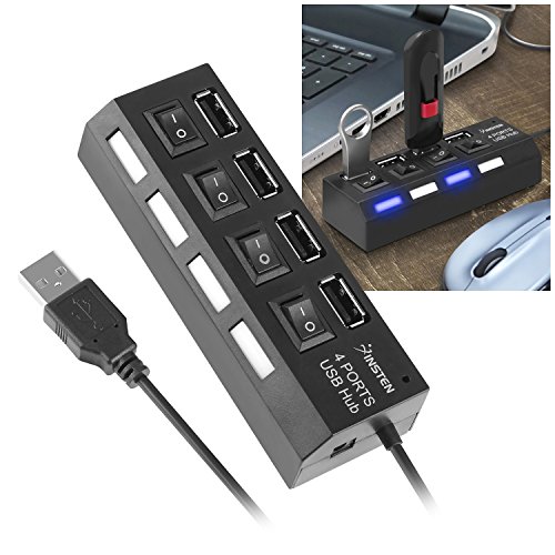 Insten 4-Port High Speed USB 2.0 Hub W/Individual Power Switches and LEDs Compatible with Transfer Data Speed up to 480Mbps Supports Windows MacOS and Linux Compatible with iPhone 8 Plus 7 Galaxy S8