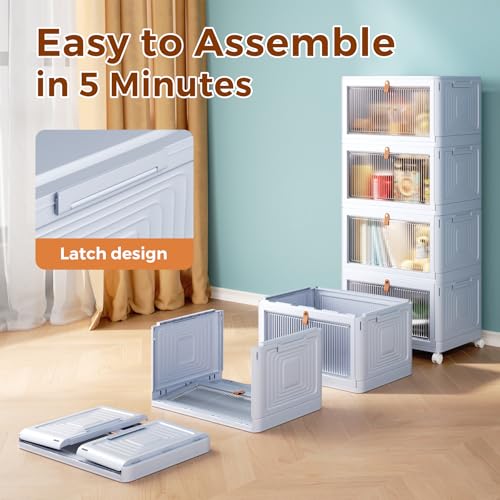 4 Tier Stackable Plastic Storage Bins with Lid and Wheels - 23 QT Closet Organizers and Storage, Foldable Storage Containers, Organization and Storage Boxes for Craft, Home, Pantry, Dorm,Grey