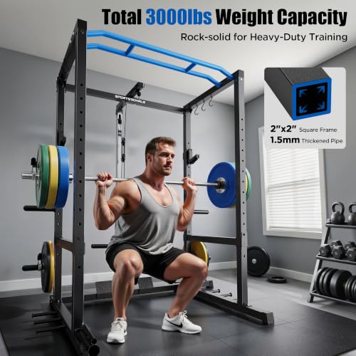 Image of SPORTSROYALS Power Rack, Multi-Functional Power Cage, Squat Rack with Pulley System & LAT Pull Down, Workout Cage with J Hooks for Home Gym