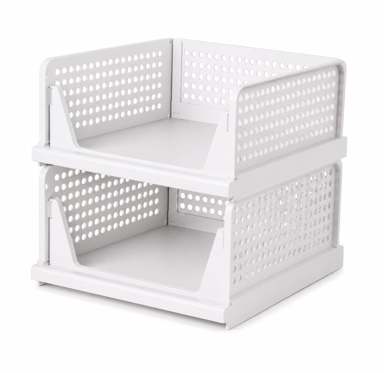 foldable stackable wardrobe organizer | large plastic clothes storage box for wardrobe, cupboard, kitchen, living room & shelves | space saving basket | white | pack of 2