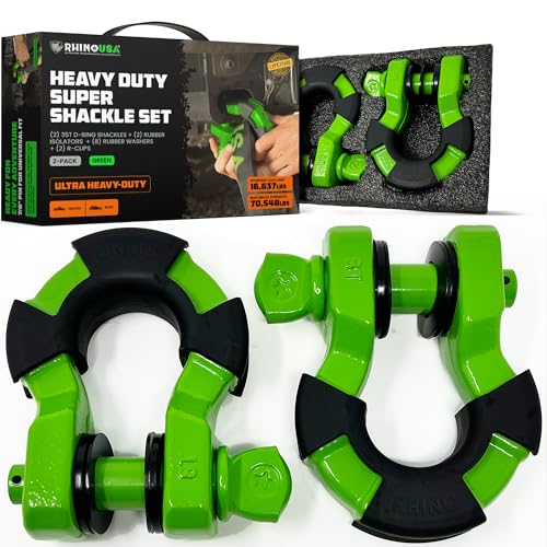 Image of Rhino USA Super D Ring Shackles (2-Pack) - 70,548lb Break Strength - Heavy Duty 3 /4 inch Clevis Shackle with 7 /8 Pin for Towing & Off-Road Use - Pairs with Tow Strap for Vehicle Recovery (Green)