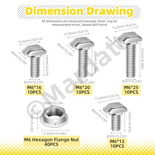 Image of 40 Sets European Standard 30 Series M6 T Slot Drop-in Bolt, M6 x 12 /16 /20 /25mm Hammer Head T-Slot Drop-in Stud Sliding Bolt Screw with Flange Nut for European 30 Series Aluminum Profile