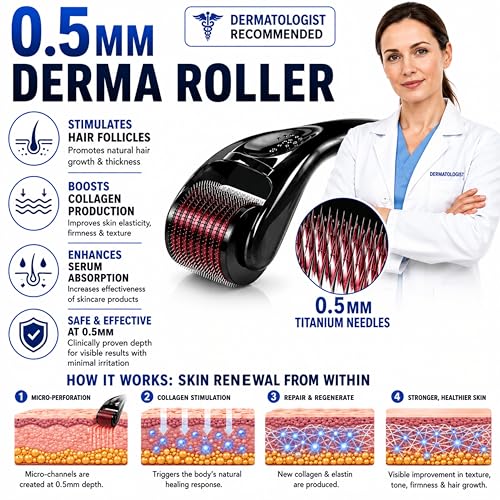 Image of Crescent Premium Derma Roller with 540 Titanium Micro Needles for Beard Regrowth| Hair Regrowth|facial Rejuvenation| Reducing Rrinkles and Stratch Marks| Size: 0.5 Mm|Men & Women| Black| Pack of 1