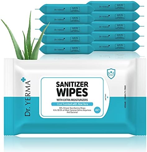Dr. YERMA 70% Alcohol Hand Sanitizer Wipes with Aloe Vera & Extra Moisturizers, 10 Packs of 20 (200 wipes), Travel Size, Vegan Cool Scented