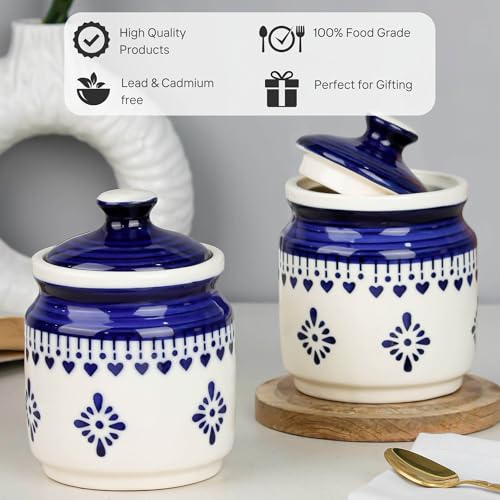 Image of The Earth Store Blue Drape Ceramic Jars for Kitchen Storage 600ML Each | Pickle Jar Set of 2 | Barni Jar with Lid | Ceramic Storage Containers Jar for Achar, Cookies, Chatney, Sugar