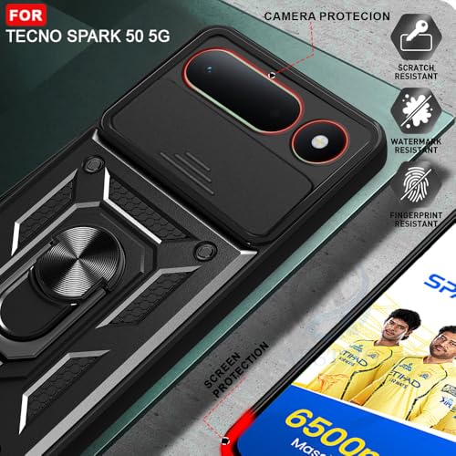 Image of AESTMO Tough Armor Tecno Spark 50 5G Bumper Back Case Cover | Ring Holder & Sliding Camera Shield Cover | 360 Degree Protection Back Case Cover for Tecno Spark 50 5G (Black)