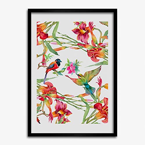 Cadre en bois decorative Tulup 50x70 cm avec peinture moderne de fleurs et oiseaux