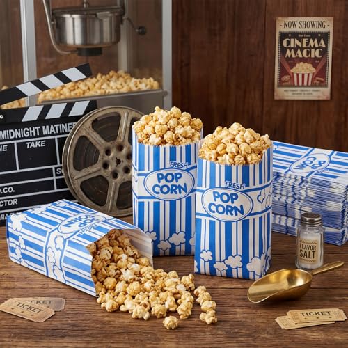 Image of Potchen 300 Pcs Popcorn Paper Bags Disposable Grease Resistant Striped Popcorn Container for Movie Night Carnival Party Theater(Blue,1 oz)