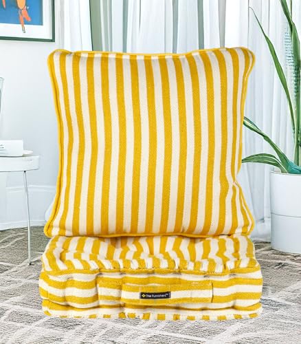 Image of Woven Quilted Floor Cushion Set 60x60x10 CM Yellow Stripe with Fillers & Back Cushion, Large Size for Seating, Patio Seat, Meditation, Yoga, Pooja, Guests, Living 24x24x4 Inch