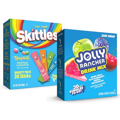 Jolly Rancher & Skittles Tropical Drink Mix Variety Pack – 60 Singles to Go Powdered Drink Mix Sticks – Zero Sugar, Low Calorie Water Flavor Packets – Candy & Tropical Fruit Flavors