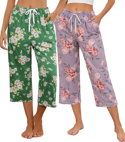 Image of Kabento 2 Pack Womens Pajama Pants Capri Sleep Lounge Pants Drawstring Pj Bottoms with Pockets