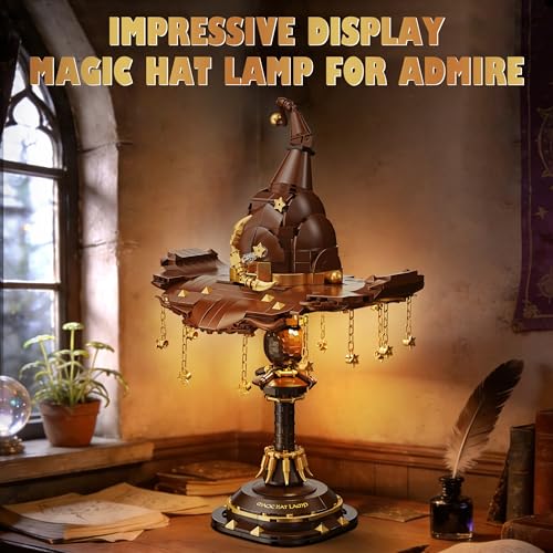 Image of Vziimo Magic Hat Lamp Building Set, MOC Light-Up Wizard Hat Desk Retro Lamp Set with Stars and Chains, Idea Mystical Academy Gift Toy for Movie Fans Teens Adults (698PCS)