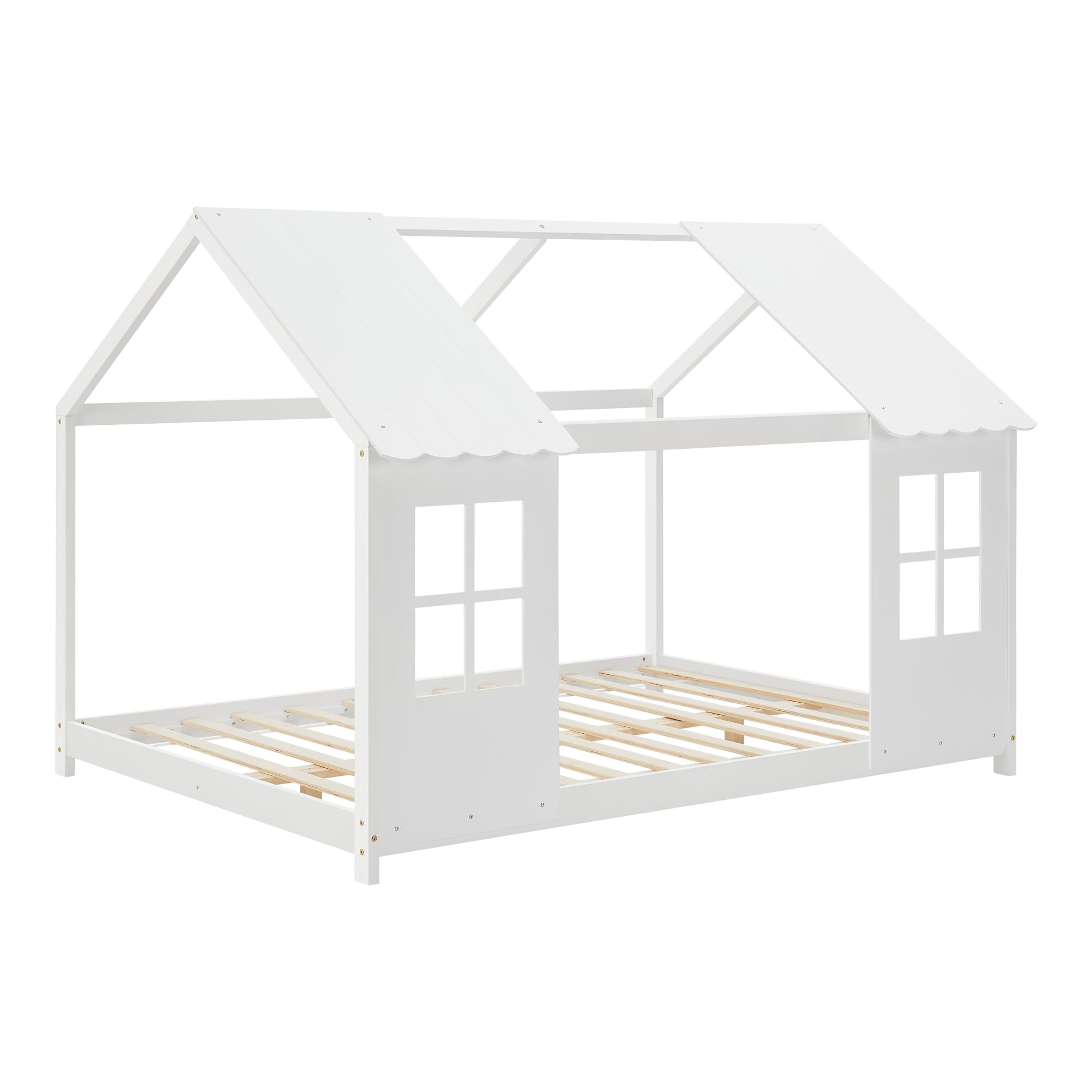 [en.casa] Cama Infantil Tostedt para Niños y Niñas en Forma de Casa con Ventanas y Techo Cama con Somier máx. 200 kg Montessori 120 x 200 cm Madera de Pino - Blanco