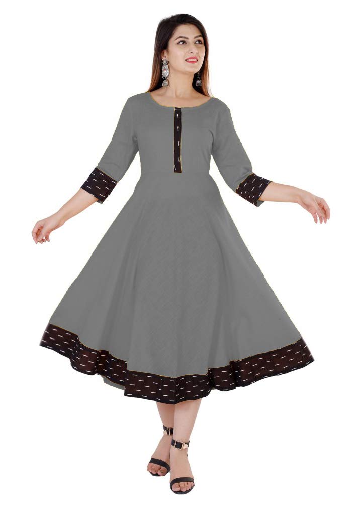 VISVA DESIGNERPlain & Solid Cotton Printed Border Anarkali Kurti Kurta for Women