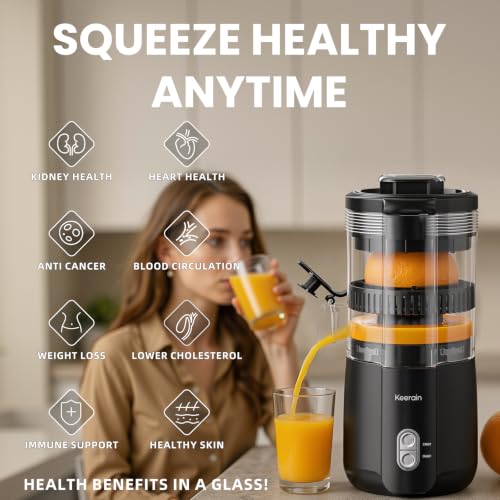 Keerain Electric Orange Juicer, Hand-Free Citrus Juicer Machine with Cleaning Brush, High-Performance Automatic Juice Squeezer for Oranges, Lemons, and Limes, Easy to Clean & Use