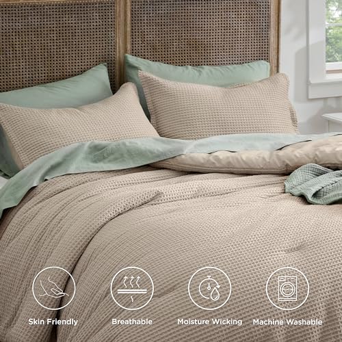 Image of Bedsure Waffle Comforter Set Queen, Khaki Soft Bedding, Waffle Weave Bed Set, 3 Pieces, 1 Comforter (90 inchx90 inch) and 2 Pillow Shams, Cotton Shell and Polyester Lining for All Seasons