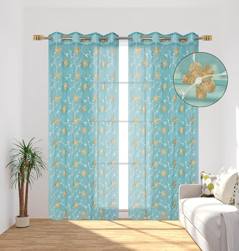 Image of Homefab India Embroidery Floral Net Transparent Sheer Curtain - 7X4 Feet, Door Curtains, Aqua, Pack of 2 Pcs