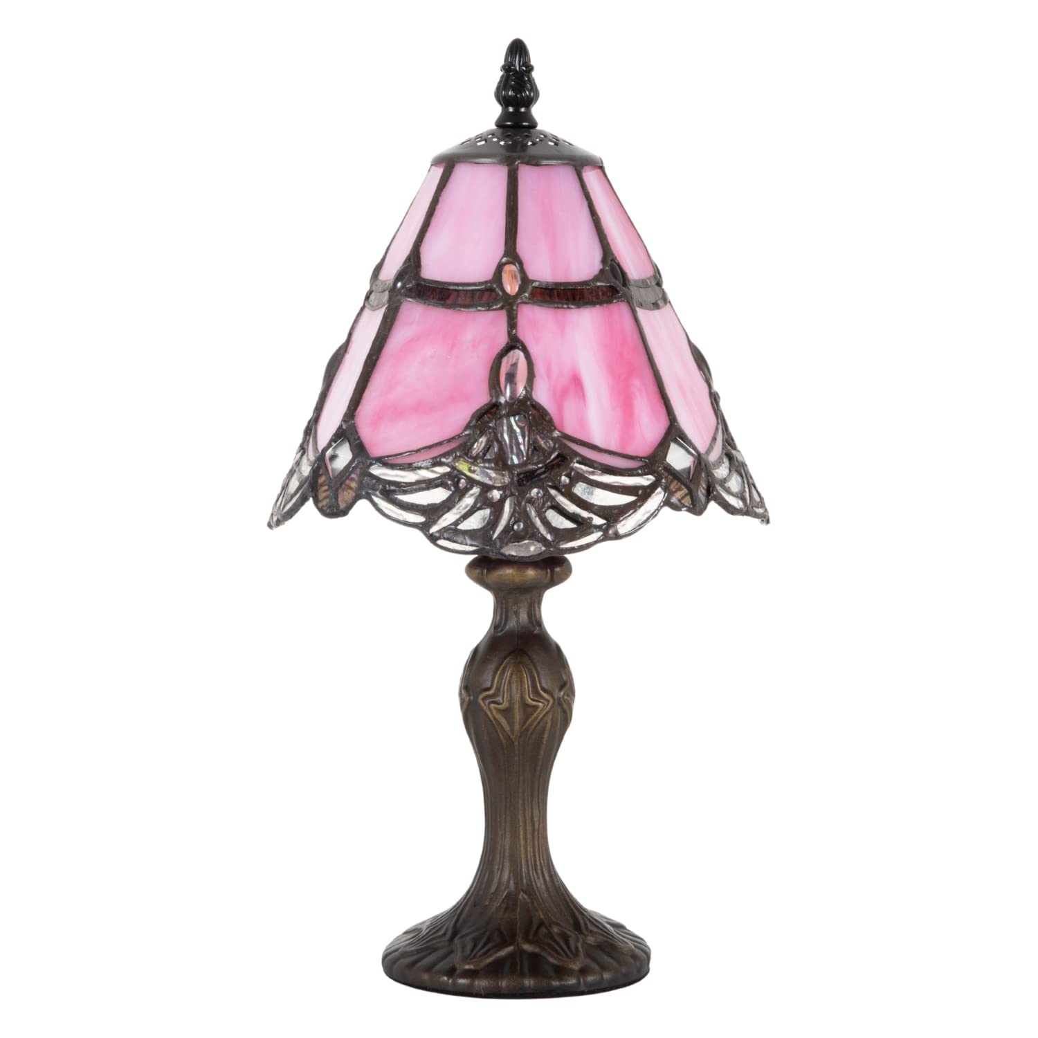 Happy Homewares Pink Quirky And Petite Stained Glass Tiffany Table Lamp With Transparent Strip And Beads | 35Cm X 19Cm | Ornate Bronze Base With Inline Switch