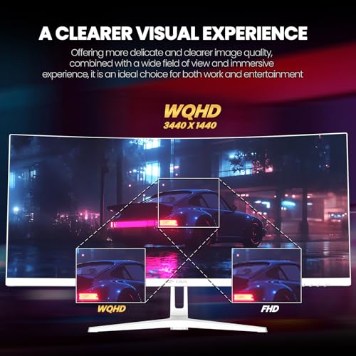 CRUA 34" Curved Gaming Monitor, WQHD 3440x1440, 120Hz Computer Monitors, 1500R VA Screen, 120% sRGB, AMD FreeSync, Blue Light Filter, HDMI 2.0 & DP 1.4, Wall Mountable Installs- White - Image 7