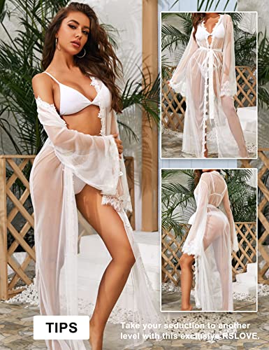 RSLOVE Lingerie for Women Sexy Long Lace Kimono Robe Mesh Chemise Lace Gown Swimsuit Cover Up3