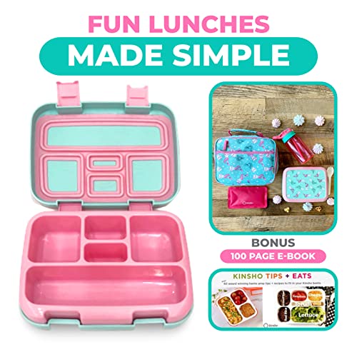 Image of Kinsho Bento Lunch Box for Kids Toddlers, 5 Portion Control Sections, BPA Free Removable Plastic Tray, Pre-School Kid Toddler Daycare Lunches, Snack Container Ages 3 to 7 (Aqua Cat Mermaid)