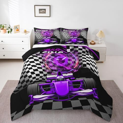 Image of Feelyou Kids Race Car Bedding Set Full Size, Purple Racing Car Comforter Set Boys Girls Karting Road Duvet Insert Teens Bedroom Decor with 2 Pillow Case