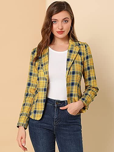 Allegra K Women's Open Front Notch Lapel Printed Business Casual Suit Blazer Jacket Large Yellow-Plaid #TOP1