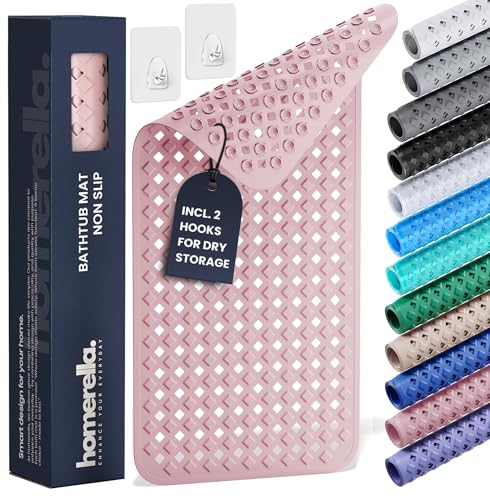 Bathtub Mat Non Slip 35x16 - homerella® Bath Mat Incl. Hooks for Drying, Extra Long, 100% BPA Free, Shower Mat Non Slip Anti Mold, Machine Washable, Shower Mats for Inside Shower Mildew Resistant