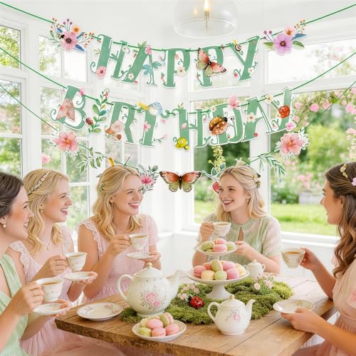 Image of SUNBEAUTY Wildflower Happy Birthday Banner Sage Green Floral Flower Party Decorations Butterfly Flower Banner Summer Spring Butterfly Birthday for Women Girl Baby Shower Garden Tea Party Supplies | Pre-Strung