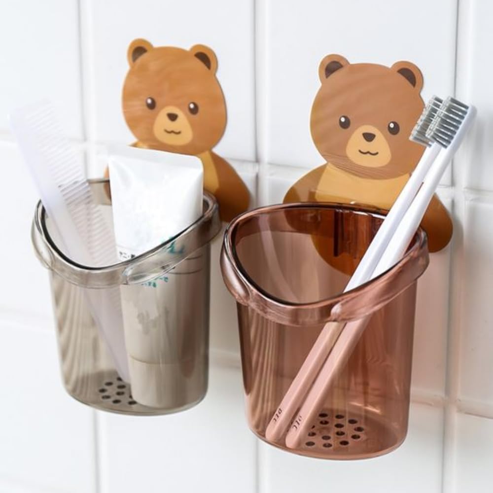Zulaxy2 Pack Toothbrush Holders for Bathroom Waterproof Self Adhesive Wall Mount for All Types Tooth Brush, Toothpaste, Face-Cream, Teddy Bear Shaped with Cup Drain (Multicolor)