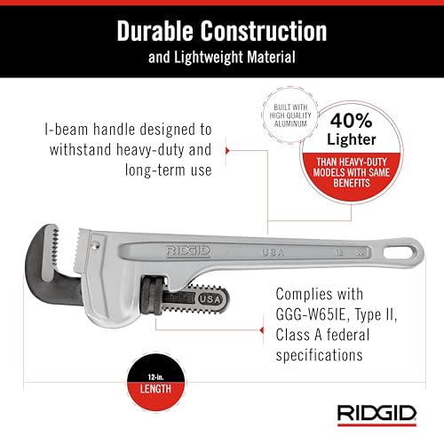 Image of Ridgid 47057 Model 812 Aluminum Straight Pipe Wrench, 12-inch Plumbing Wrench, Silver, Small