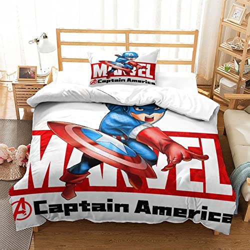 Parure De Lit 3 Pièces Pour 2 Personnes À Motif Captain America Héroïnes de DC Dessin animé Impression 3D Housse De Couette En Microfibre Bohème Avec Taies D’Oreiller Pour Standard Single（135x200cm）