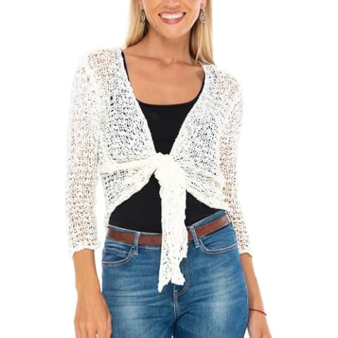 SHU-SHI Womens Cropped Cardigan Tie Front Knit Shrug Summer Open Weave Hollow Out Sweater Off-White Cover