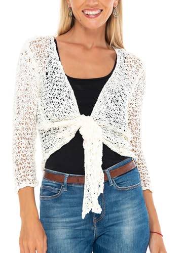 SHU-SHI Womens Cropped Cardigan Tie Front Knit Shrug Summer Open Weave Hollow Out Sweater