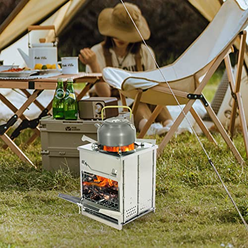 Lineslife Folding Wood Burning Camping Stove, Stainless Steel Portable Wood Stove Backpacking With Grill And Carry Bag For Outdoor Cooking, Silver #TOP6