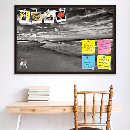 Image of ArtzFolio Sea, Air, & Land Monochrome Contrast | Bulletin Board Notice Pin Board | Vision Soft Board Combo with Thumb Push Pins & Sticky Notes | Dark Brown Frame | 17.5 x 12 inch (44 x 30 cms)